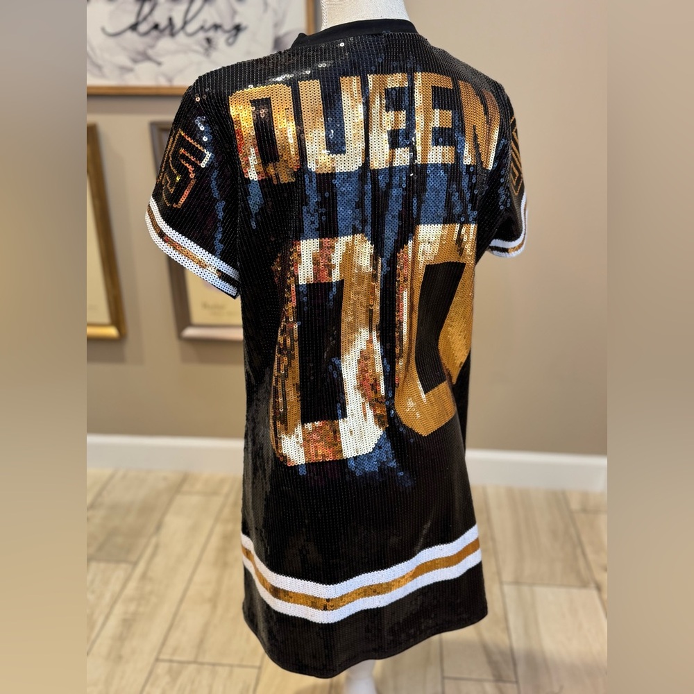 New! QUEEN OF SPARKLES Black & Gold Sequin Game Day Jersey Mini Dress